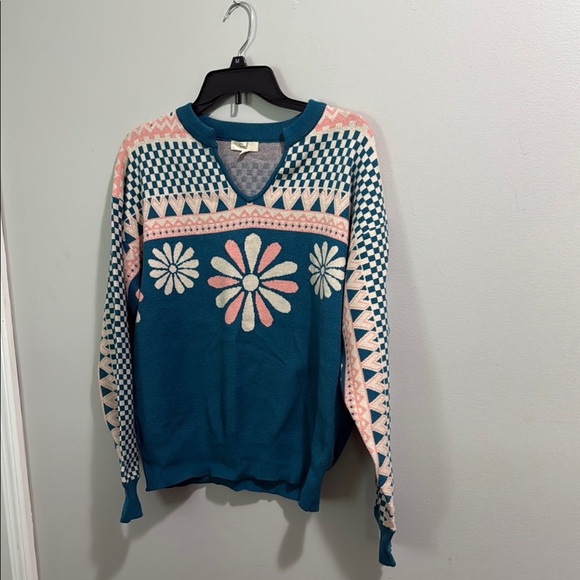Easel Sweater Teal and Pink Patterned Sweater - Picture 1 of 7